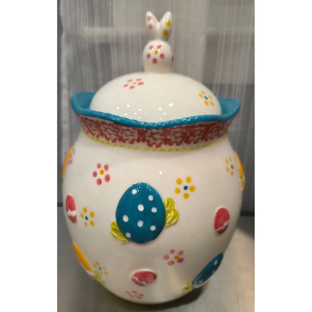 Temptations Old World Easter Bunny Cookie Jar Ceramic Canister Hand Painted